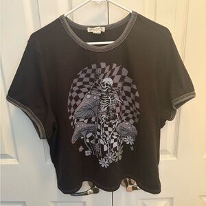 Black Graphic Tee with Skeleton and Mushrooms